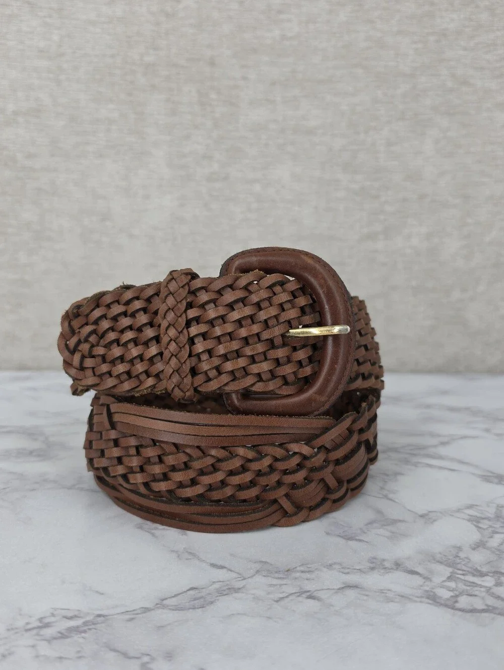 Vintage Y2K Wide Brown Leather Woven Braided Belt By New York Studio